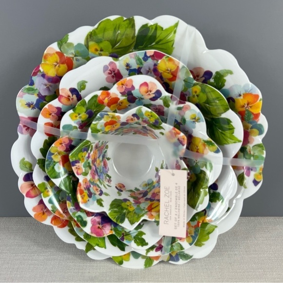 Rachel Zoe Melamine Nesting Bowls Spring Pansy Floral Scalloped Set of 4 NEW - Picture 5 of 5